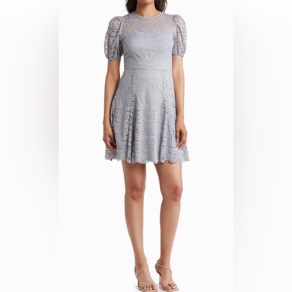 Vince Camuto Lace Puff Sleeve Fit&Flare Dress w Puff Sleeve ✨ Silver Grey Size 4 - Picture 1 of 6